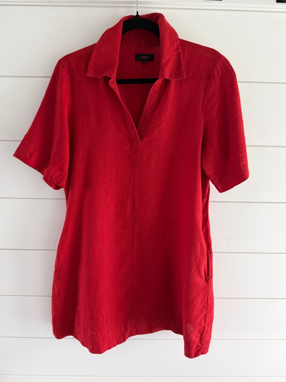 Quince Red Linen Short-Sleeve V-Neck Dress